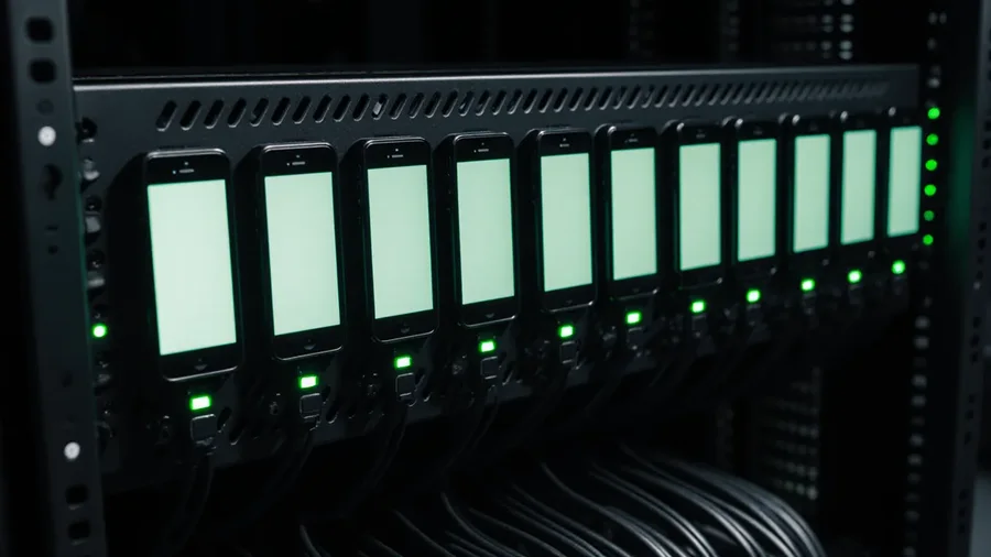 A row of phones mounted in a test-lab rack, status lights lit