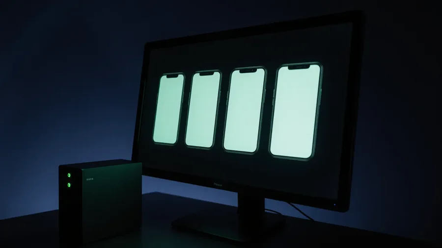 A monitor showing four phone emulators, next to a small server box
